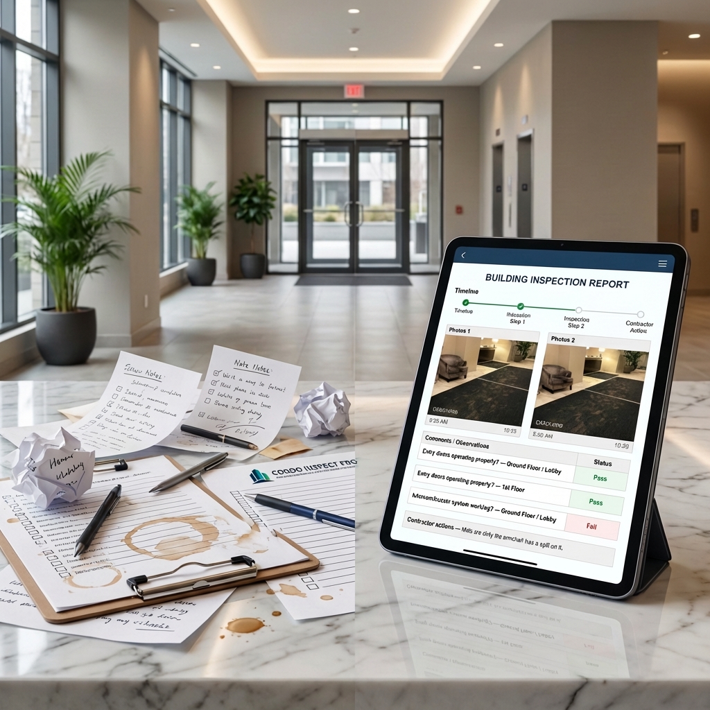 Condominium chargeback documentation process showing building inspection report on tablet next to clipboard with handwritten notes