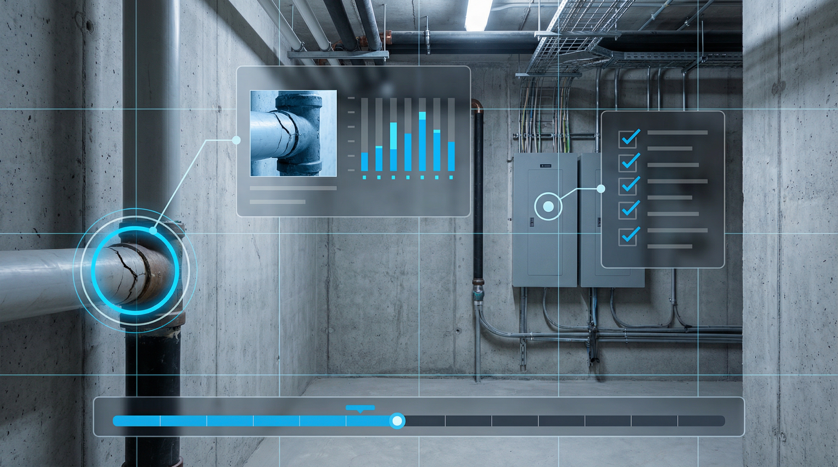 Building deficiency documentation showing a cracked concrete wall in an Ontario condominium parking garage