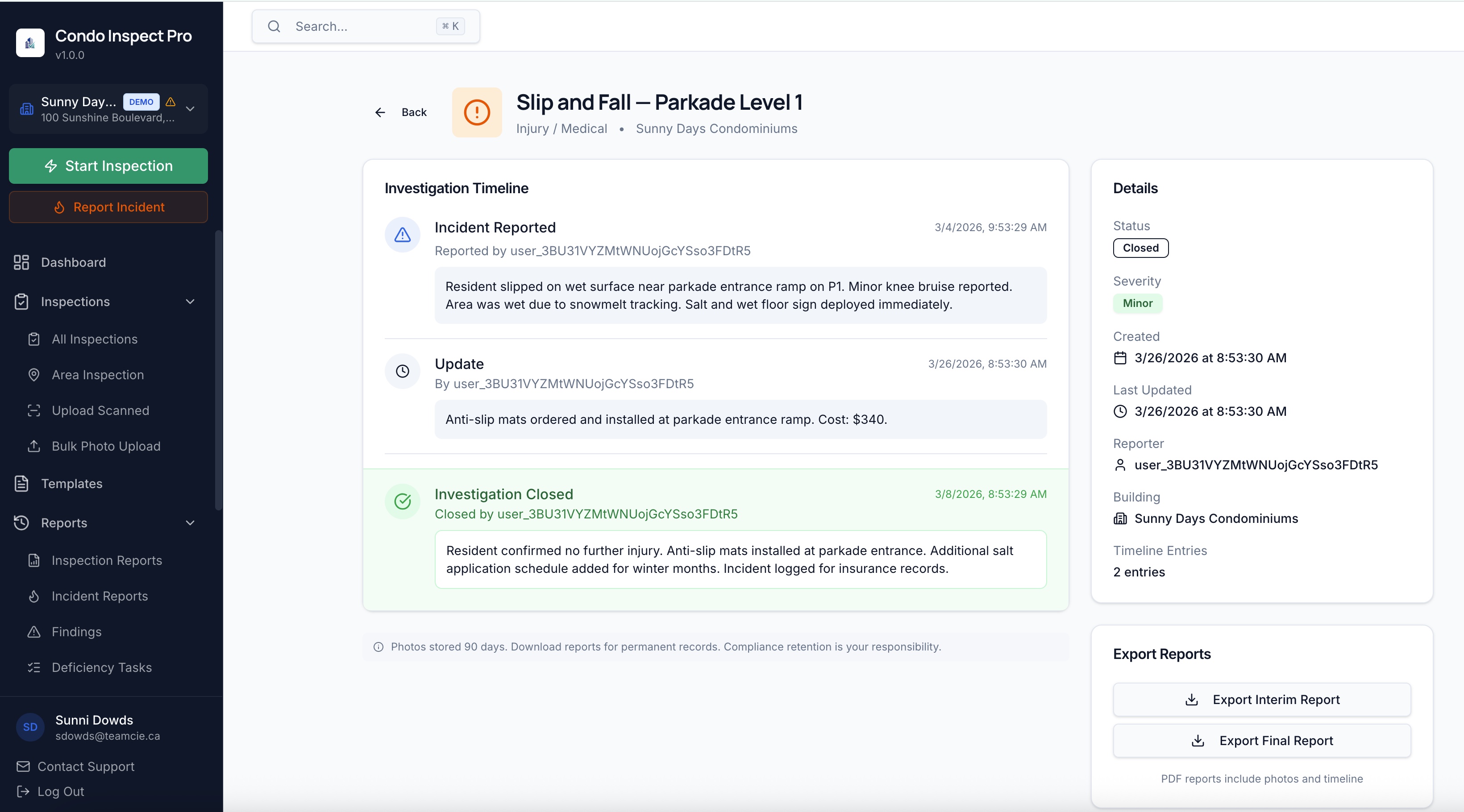 Incident timeline and reporting in Condo Inspect Pro