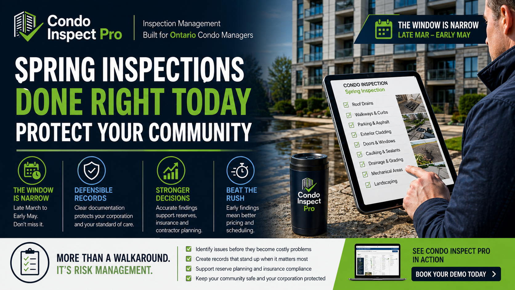 Ontario condominium manager conducting a spring property inspection with checklist on tablet